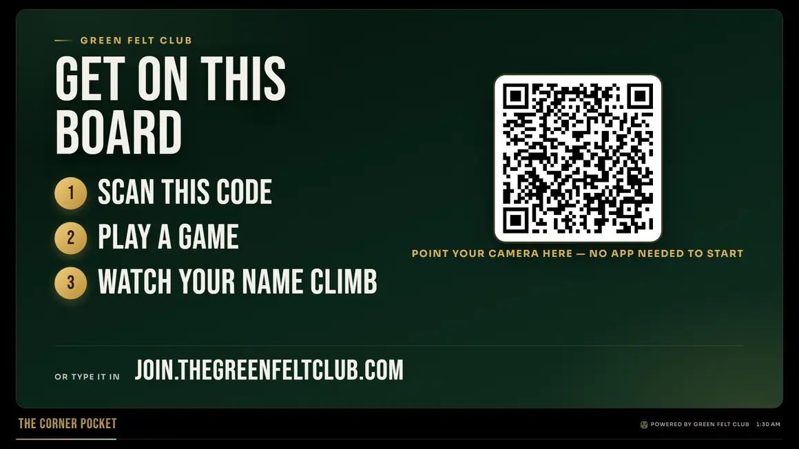 A venue TV slide inviting patrons to play and join the leaderboard.