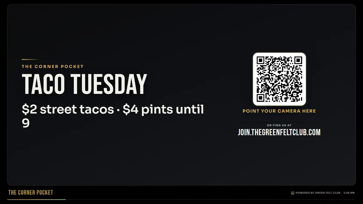 A venue-created Taco Tuesday food and drink special displayed on the TV.
